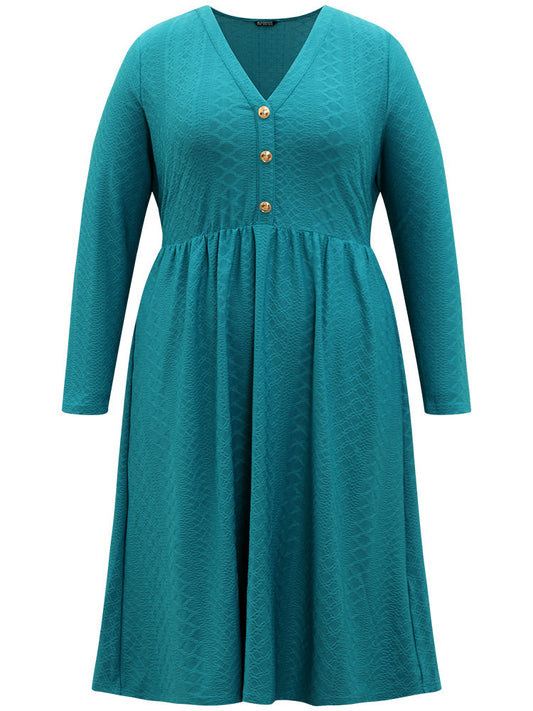 Plain Textured Metal Detail V Neck Dress