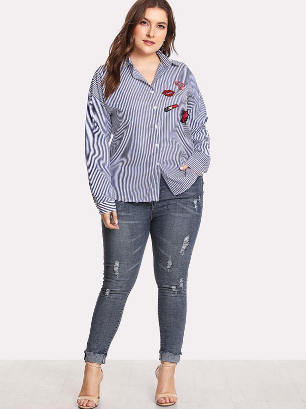 Badges Details Striped Lapel Collar