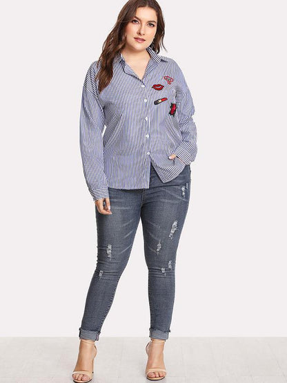 Badges Details Striped Lapel Collar