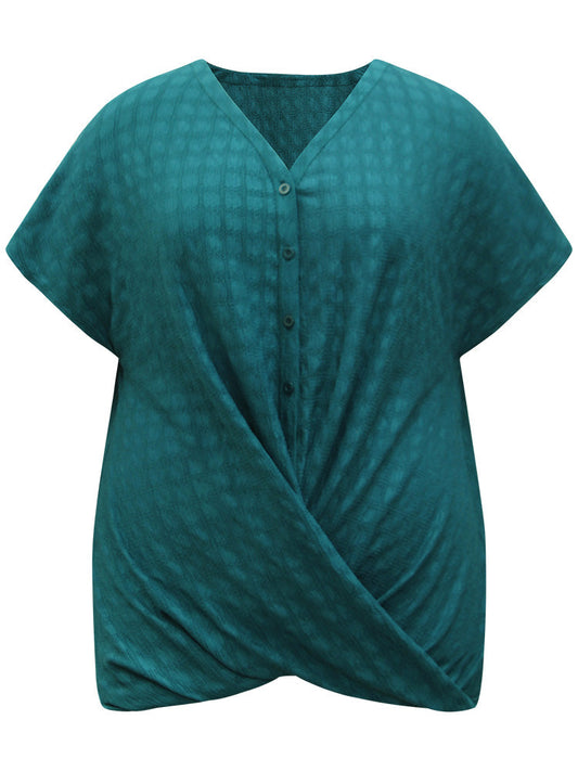 Plisse Crossover Button Up Batwing Sleeve T-shirt