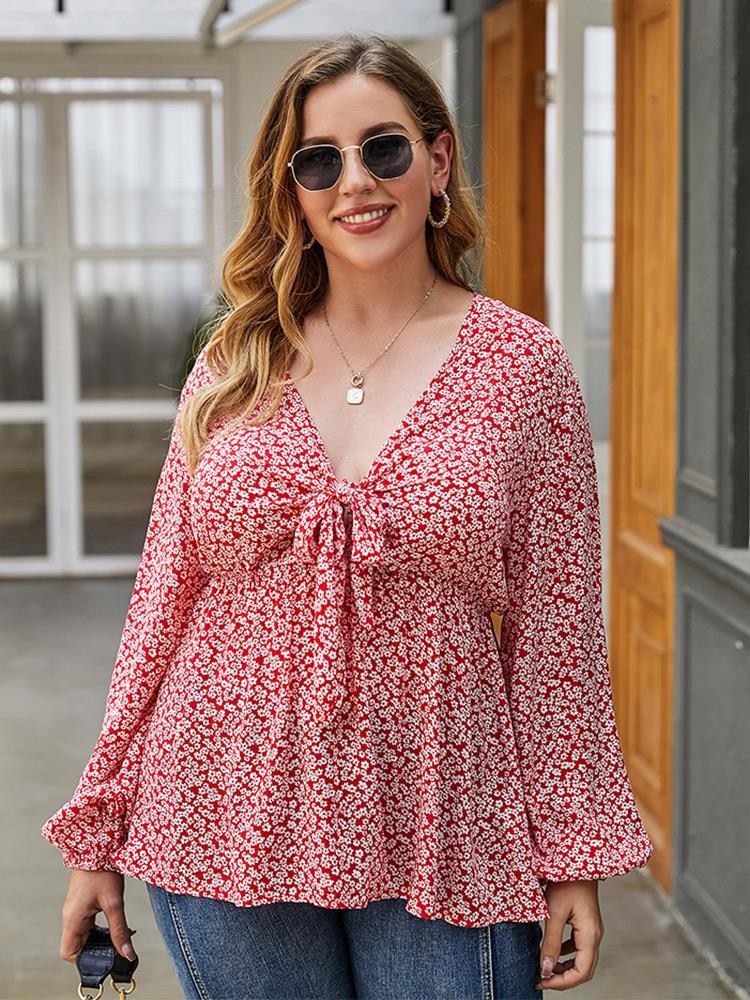 Ditsy Chiffon Lantern Sleeve Blouse