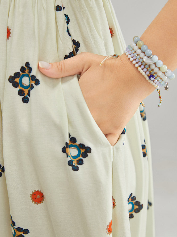 Bandana Print Square Neck Pocket Shirred Frill Trim Split Dress