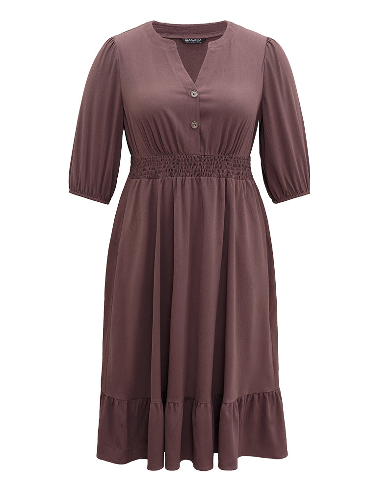 Solid Notched Lantern Sleeve Shirred Dress