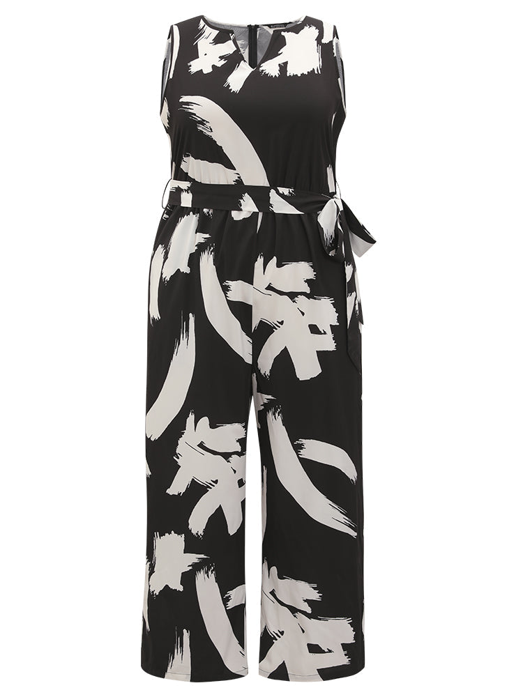 Brush Print Notched Pocket Sleeveless Belted Jumpsuit