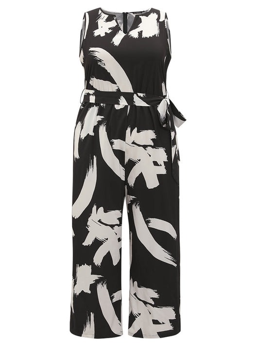 Brush Print Notched Pocket Sleeveless Belted Jumpsuit