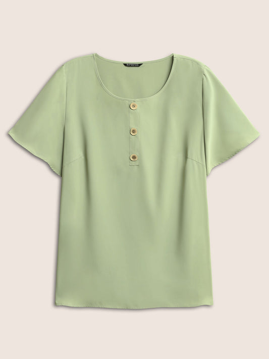 Static-Free Solid Button Detail Flutter Sleeve Blouse