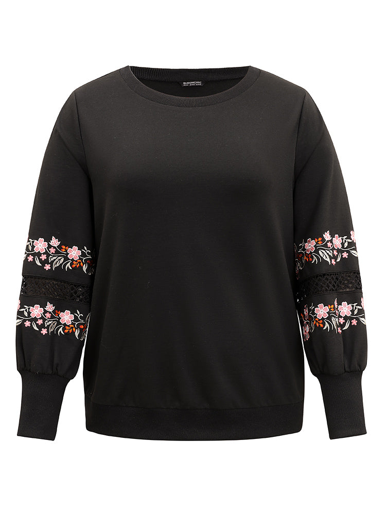 Floral Embroidered Lace Insert Sweatshirt