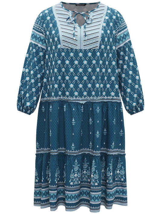 Bandana Print Knot Neck Lantern Sleeve Dress