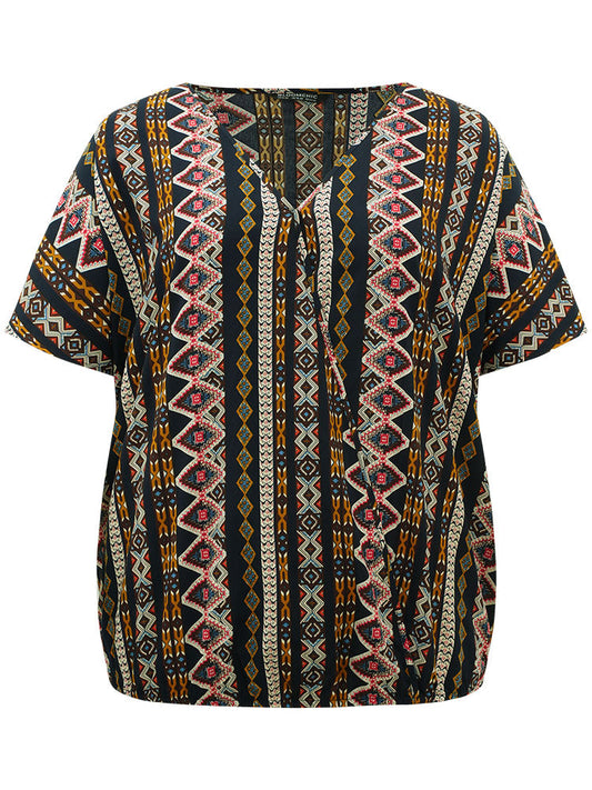 Boho Print V Neck Wrap Blouse