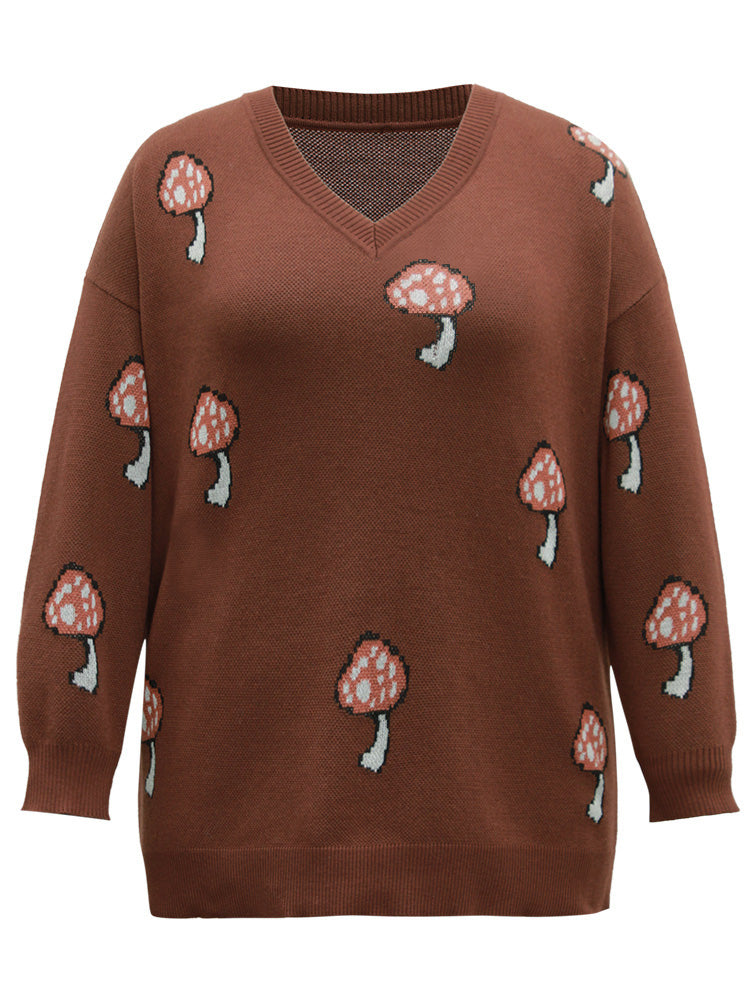 Mushroom Knit V Neck Jacquard Pullover