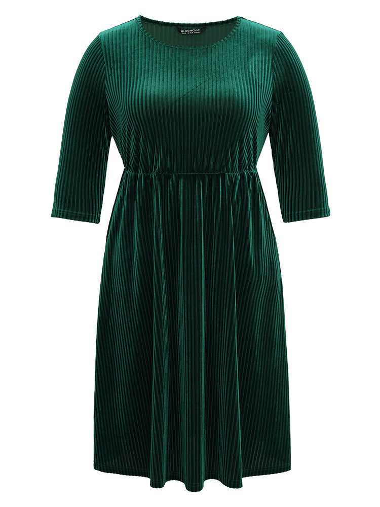 Plain Velvet Elastic Waist Pocket Crew Neck Dress