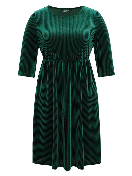 Plain Velvet Elastic Waist Pocket Crew Neck Dress
