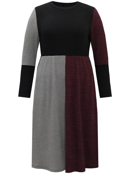 Rib Knit Colorblock Contrast Pocket Dress