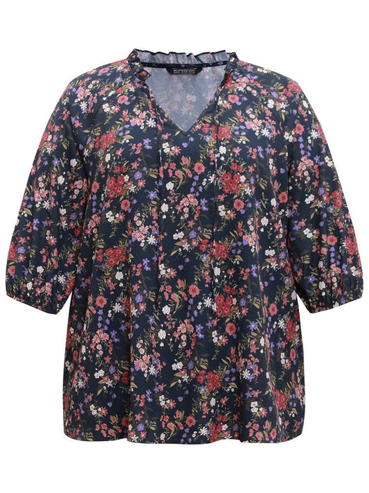 Ditsy Floral Tie Neck Elastic Cuffs Blouse