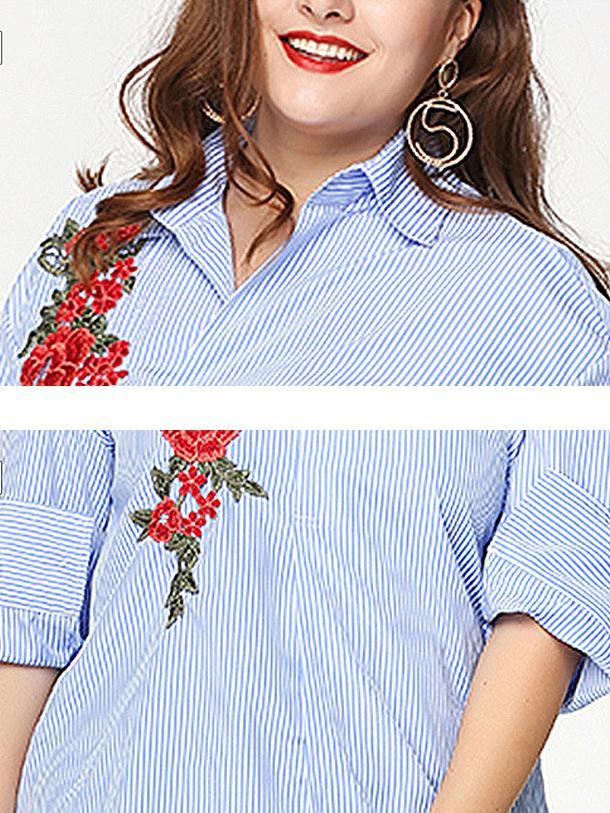 Floral Embroidery Stripe Lapel Shirt