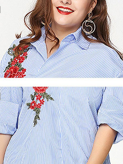 Floral Embroidery Stripe Lapel Shirt