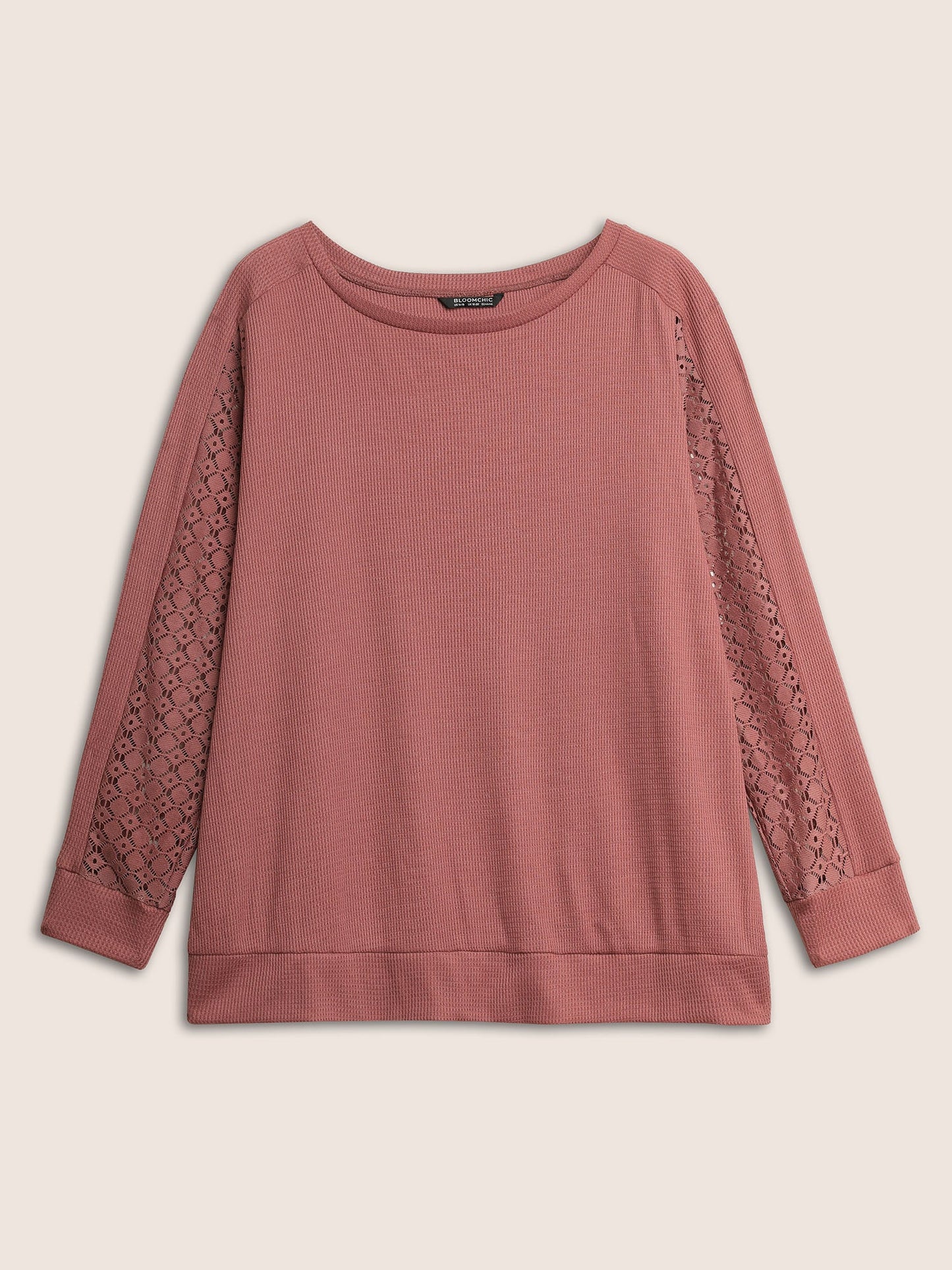 Solid Waffle Knit Lace Panel Sweatshirt