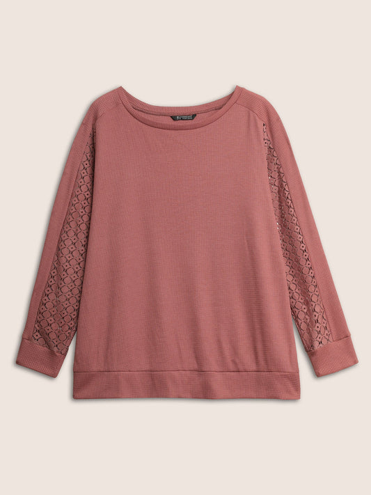 Solid Waffle Knit Lace Panel Sweatshirt