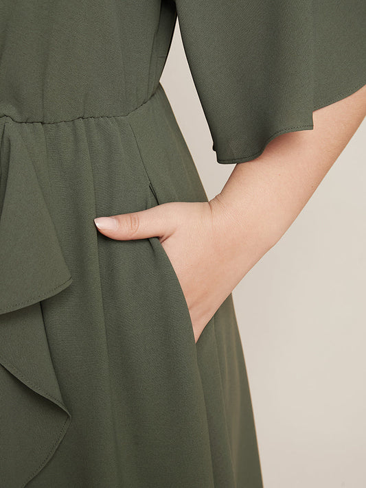 Plain Surplice Neck Pocket Ruffle Trim Midi Dress