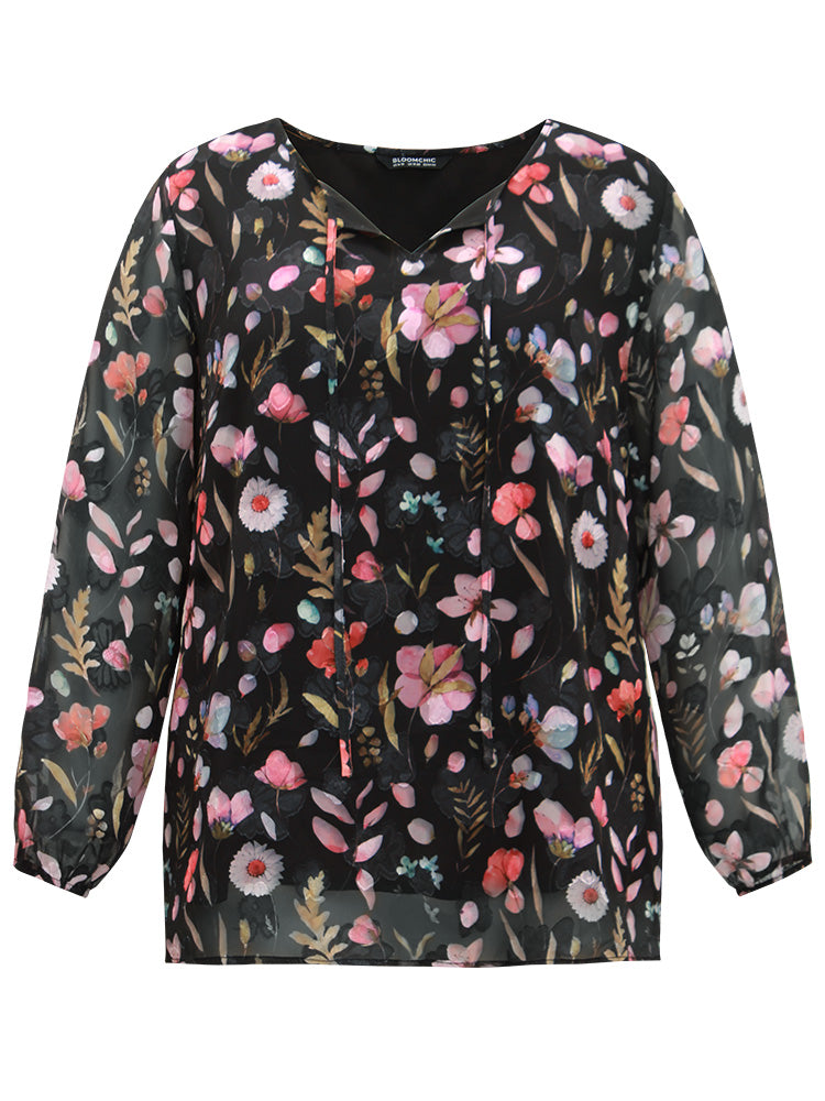 Floral Print Chiffon Knot Neck Lantern Sleeve Blouse