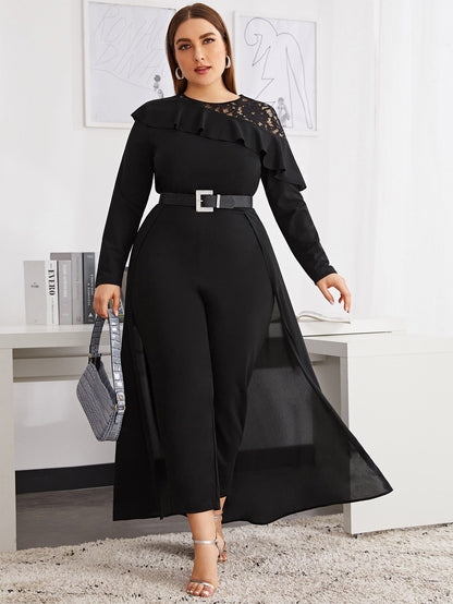 Lace Insert Ruffle Trim Skirt Overlay Jumpsuit Without Belt