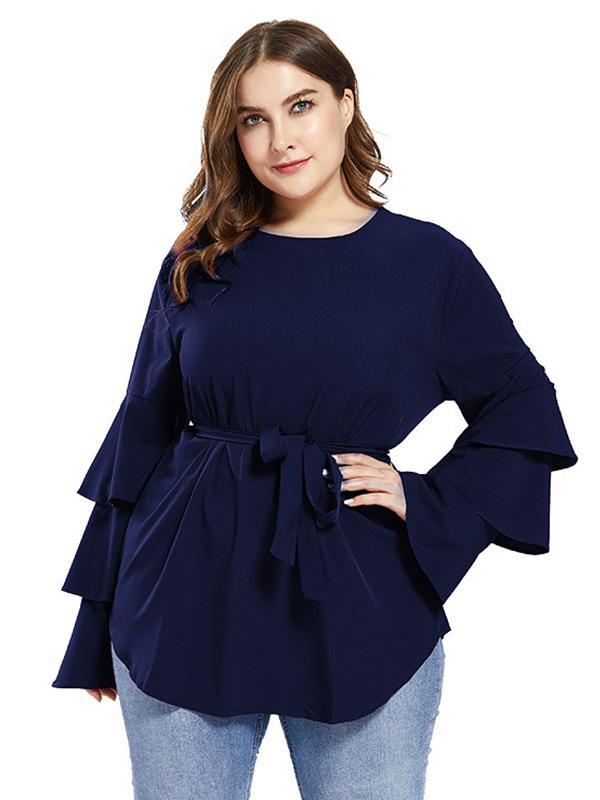Ruffle Sleeve Belt Solid Blouse