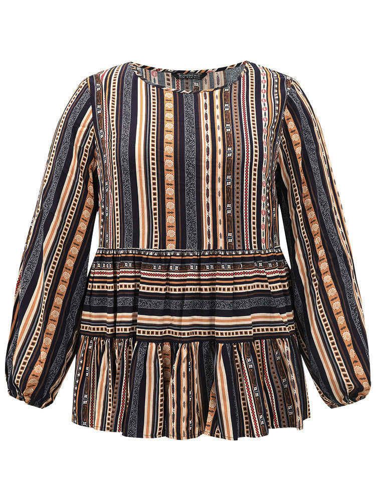 Bandana Stried Crew Neck Gathered Blouse