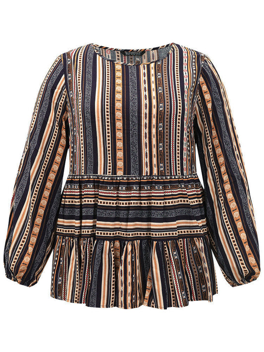 Bandana Stried Crew Neck Gathered Blouse