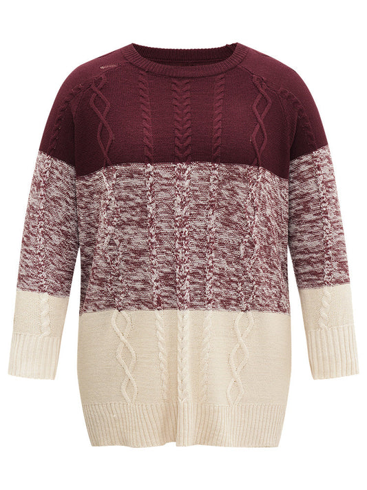 Cable Knit Heather Colorblock Patchwork Pullover