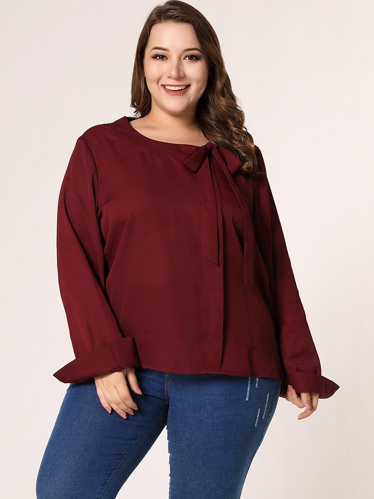 Bow-knot Round Neck Solid Color Blouse