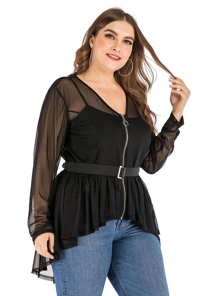 Ruffle Hem Zipper Up Belt Sheer Jacket