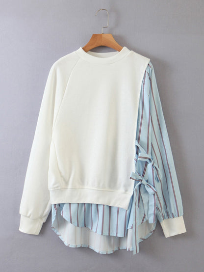 Contrast Striped Panel Knot Side Dip Hem Sweatshirt