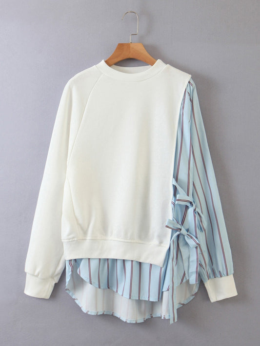 Contrast Striped Panel Knot Side Dip Hem Sweatshirt