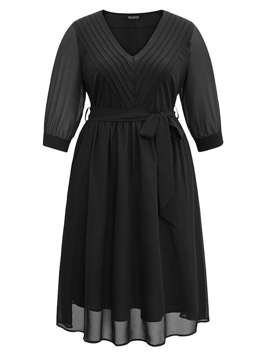 Mesh Patchwork Belted Pleated Dress