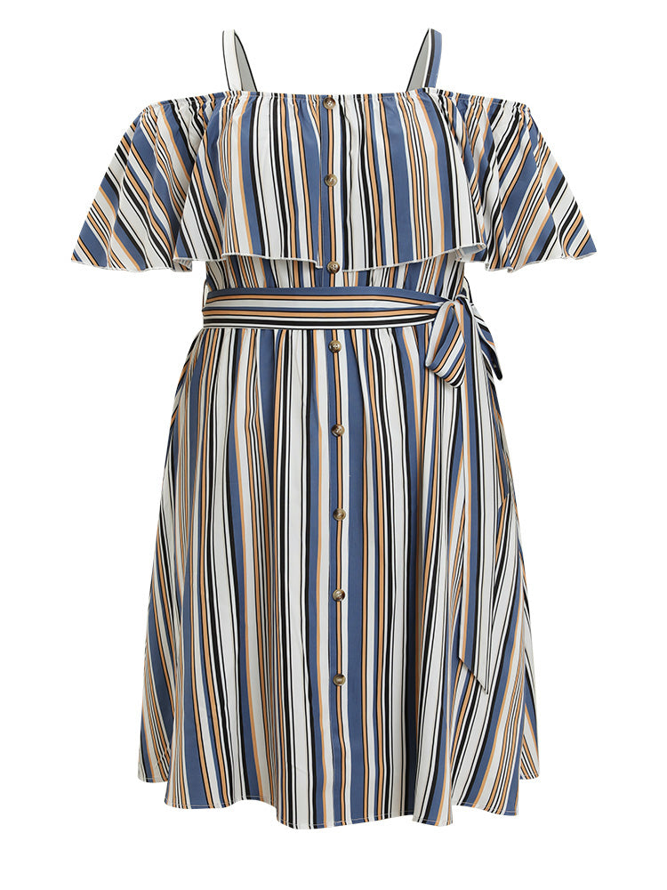 Striped Cold Shoulder Belt Pocket Button Detail Dress