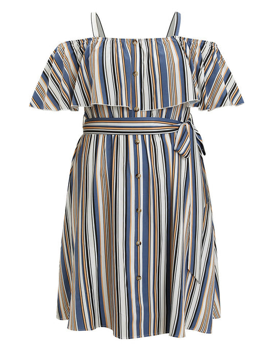 Striped Cold Shoulder Belt Pocket Button Detail Dress