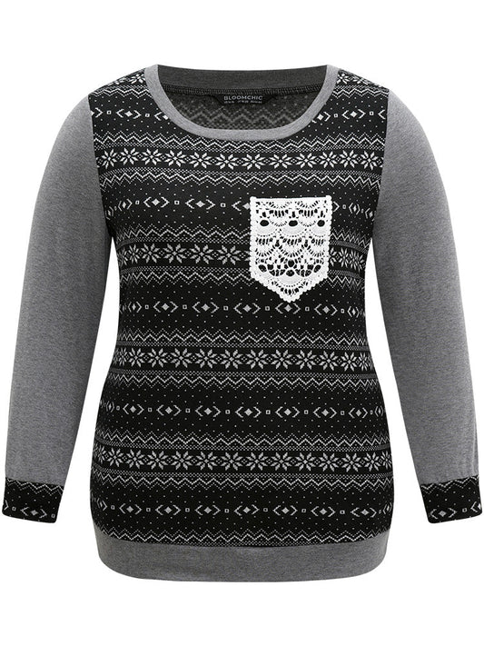 Boho Print Patchwork Lace Panel T-shirt