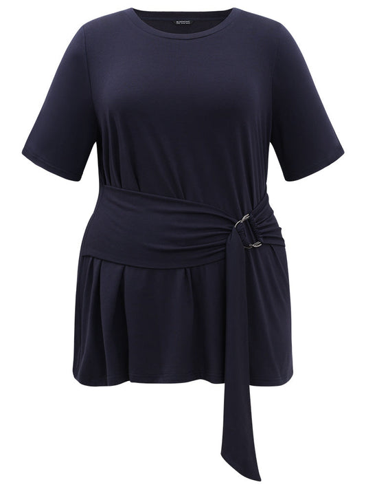 Crew Neck Buckle Detail Ruffle Hem T-shirt