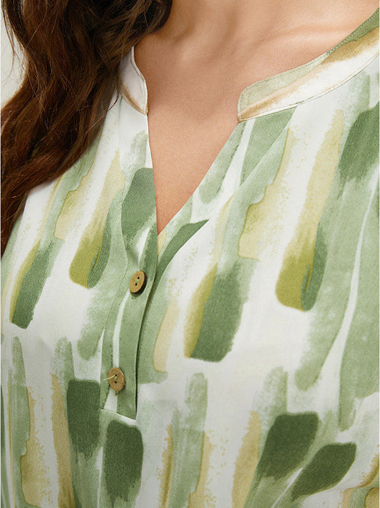 Allover Print Notched Neck Button Up Blouse