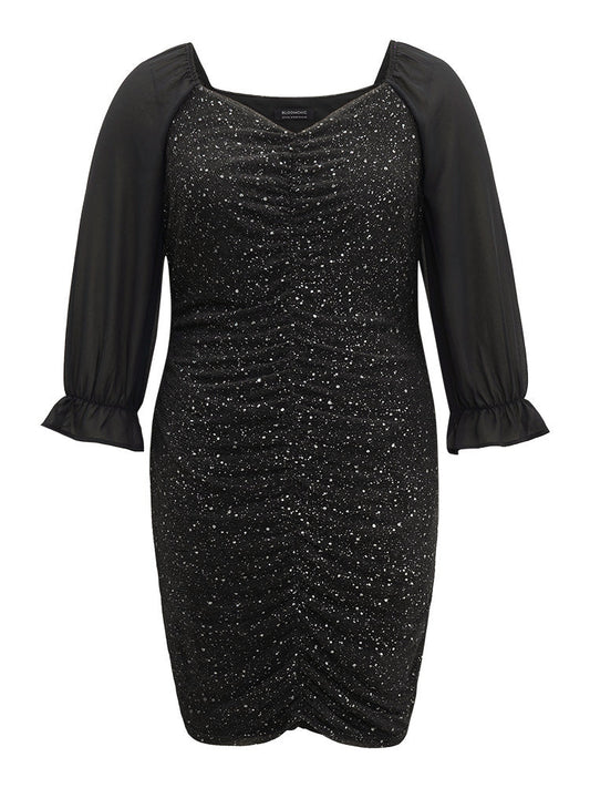 Glitte Chiffon Square Neck Ruched Dress