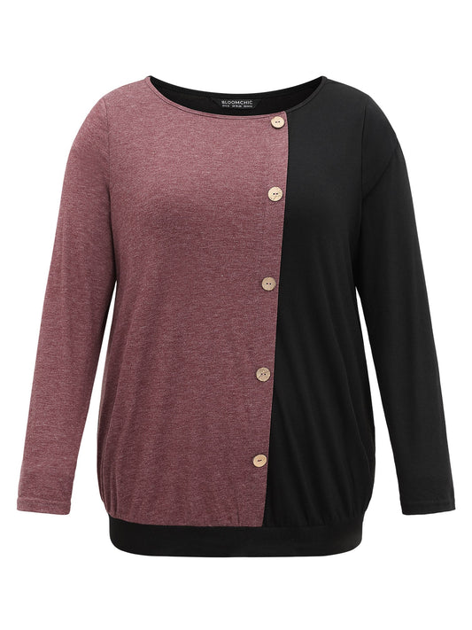 Two Tone Round Neck Button Detail T-shirt