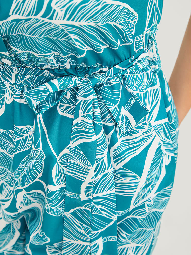 Plant Print Button Through Pocket Belt Cami Jumpsuit