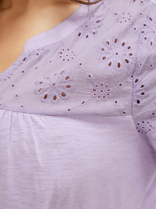 Plain Notched Neck Gathered Broderie Anglaise T-shirt