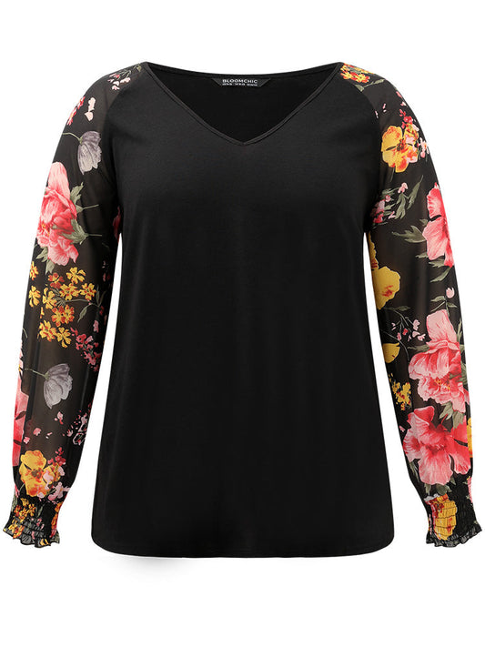 Chiffon Floral Shirred Patchwork Raglan Sleeve T-shirt