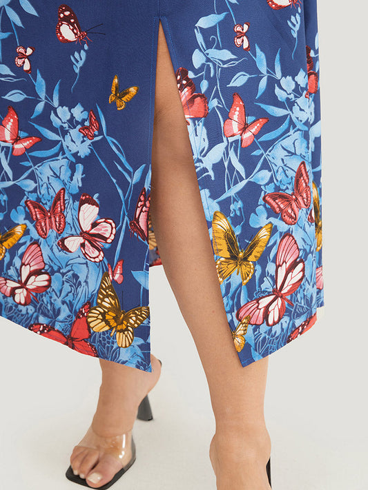 Butterfly & Floral Print Ruffle Pocket Surplice Neck Belt Split Dress