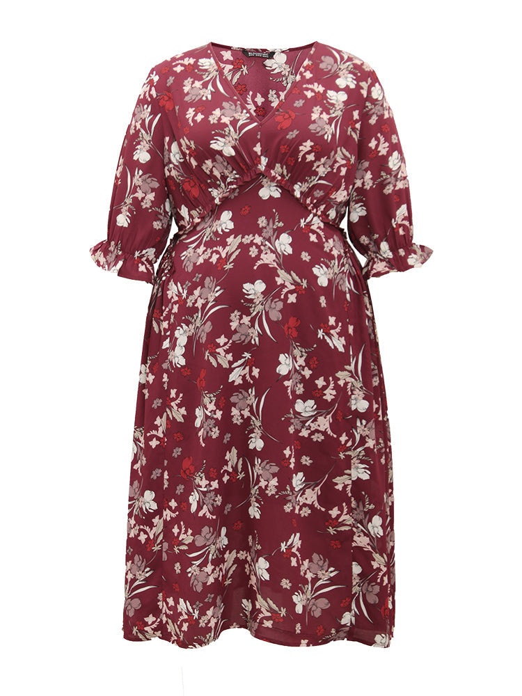 Floral Print Ruffle Sleeve Gathered Dress