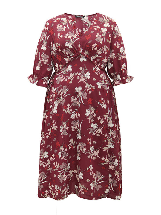 Floral Print Ruffle Sleeve Gathered Dress