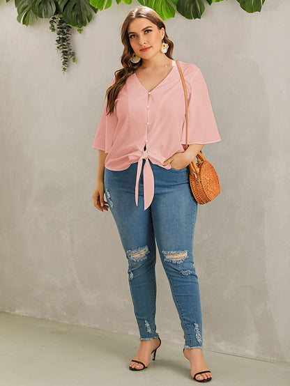 Solid Button Through Tie Front Blouse