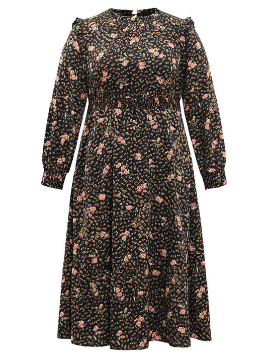 Ditsy Floral Shirred Flutter Trim Keyhole Dress