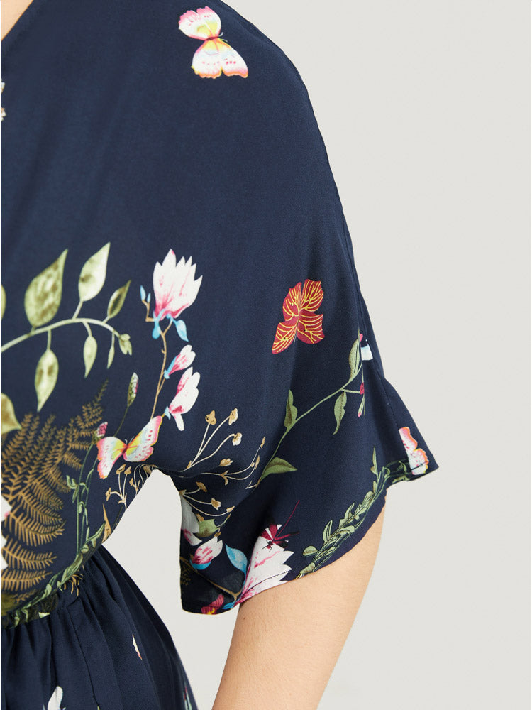 Butterfly & Floral Print Ruffle Hem Ties Open Front Kimono